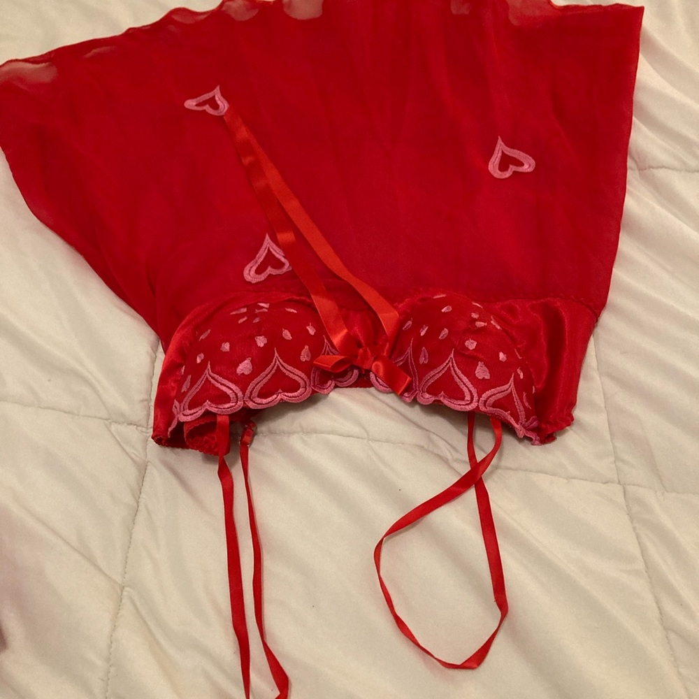 Valentines vintage lingerie. Red with pink embroidered flowers. Delightful!